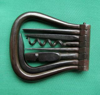 Quality Antique Steel Six Tool Folding Bow Corkscrew By Maker - B.  B.  Wells