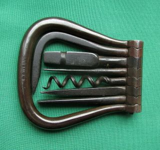 Quality Antique Steel Six Tool Folding Bow Corkscrew By Maker - B.  B.  Wells 2