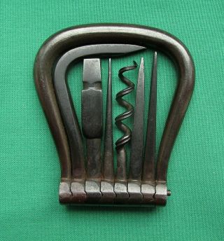 Quality Antique Steel Six Tool Folding Bow Corkscrew By Maker - B.  B.  Wells 3
