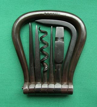 Quality Antique Steel Six Tool Folding Bow Corkscrew By Maker - B.  B.  Wells 8