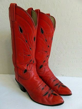 Vintage Black Label Tony Lama Cowboy Boots Red Fancy Cut Out Leather Womens 7.  5c