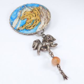 FABULOUS OLD CHINESE SILVER CLOISONNE TIGER BROOCH RARE 2