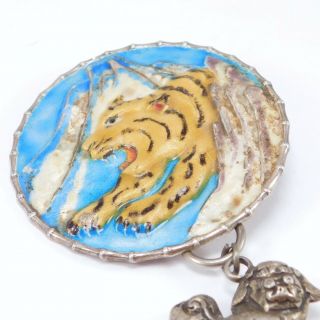 FABULOUS OLD CHINESE SILVER CLOISONNE TIGER BROOCH RARE 3