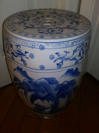 Antique Chinese Porcelain Garden Seat Blue And White 2 Different Sides