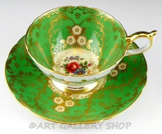 Vintage Aynsley England Royalty Deco 7687 Green Gold Floral Cup And Saucer