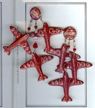 Lunch At The Ritz Vintage Red Airplane Avion Pierced Dangle Earrings On Card