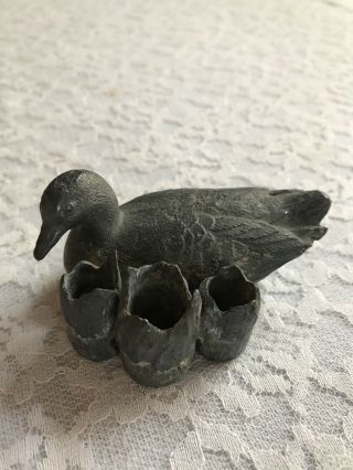 Vintage Antique Duck White Metal Figural Flower Frog 3 Hole