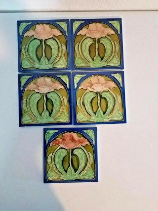5 Vintage Art Deco Noveau Style Flower Ceramic Tiles 6 " X 6 "