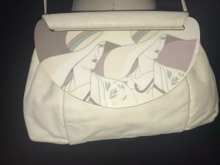 Vtg 80s Moon Bags Patricia Smith Twin Ladies In Hats Cream Leather Painted Purse
