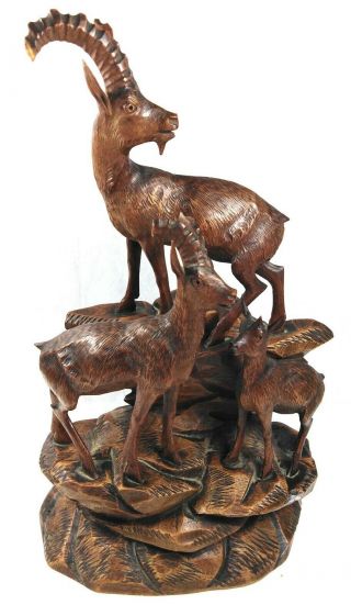 Large Antique Black Forest Carved Wooden Ibex Mountain Goat Statue
