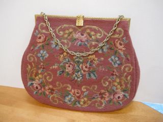 Large Vintage French Bag Shop Miami Floral Tapestry Needlepoint Purse Bag EUC 2