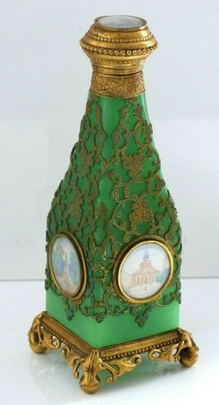 Antique 19th Century French Green Opaline Grand Tour Large Scent Bottle–5 Scenes