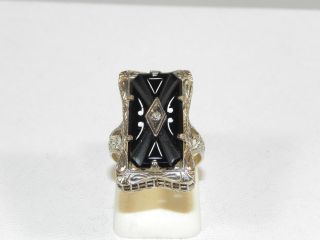 Vintage 14k White Gold Filigree Art Deco Onyx Diamond Rectangular Ring Size4 3/4