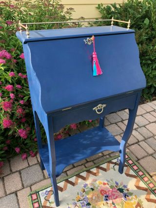 Small Vintage Painted French Blue Drop Front Secretary Desk