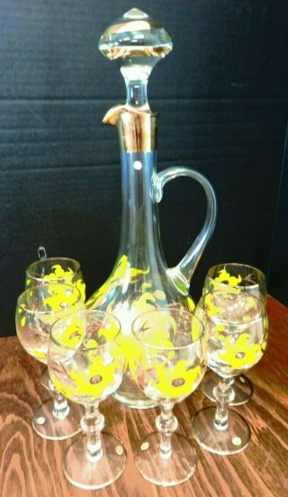 Vintage Hand Painted Bohemian (7) Piece Daisy Crystal Decanter Set Con