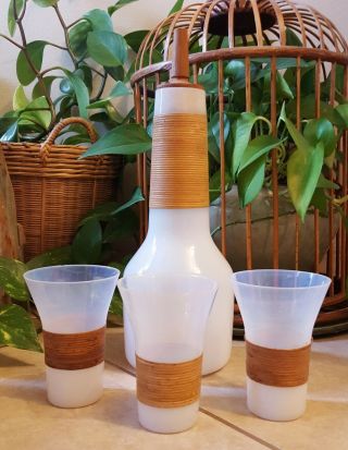 Vintage Kastrup Raymor Denmark White Milk Glass Decanter & Drinking Glasses Set