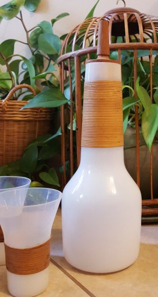 Vintage Kastrup Raymor Denmark White Milk Glass Decanter & Drinking Glasses Set 2