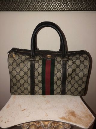 Vtg 80s Rare Gucci Monogram Boston Bag With Signature Red & Green Stripe