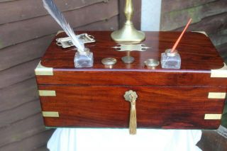 Quality Large Mid Victorian C 1860 Brass Inlay Mahogany Writing Slope Box Lokin