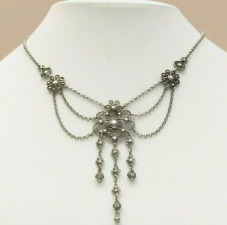 Antique Victorian French Sterling Silver Filigree Festoon Dangle Necklace
