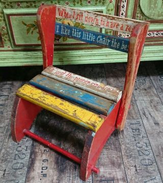 Antique Vintage Childs 1950s Rhyme Folding Step Stool Chair Wooden Old