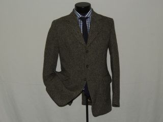 HARRIS TWEED made in England men ' s vintage Green bone jacket coat 38 R 2