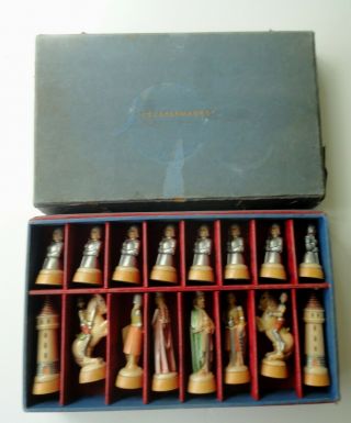 Vtg Complete Painted Anri Toriart Italy Charlemagne Chess Set Wood Felt