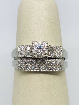 14k White Gold Vintage Diamond Wedding Set With.  50 Carats In Diamonds