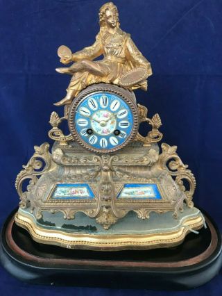 Good Antique French Brunfaut Gilt Metal And Porcelain Clock.