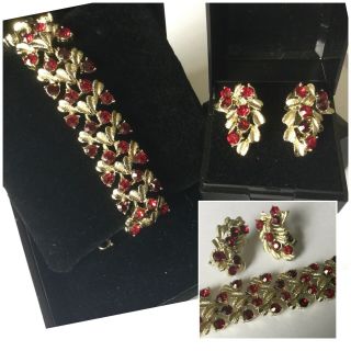 Vintage Jewellery Signed Jewelcraft Gold & Ruby Crystal Bracelet Earrings Set