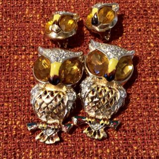 Vtg 2 " Coro Enamel Amber Rhinestone Owl Brooch Fur Clips Duette Pin Earrings Set