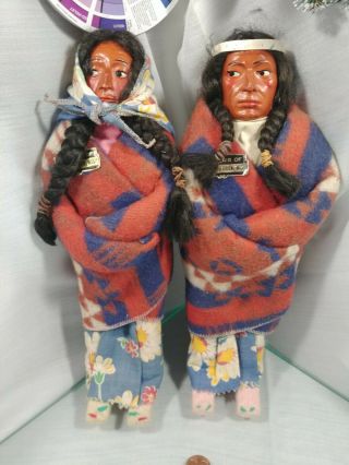 2 Vtg Native American Indian Skookum Doll 11 " Blanket Straw Squaw Brave Foil Wis