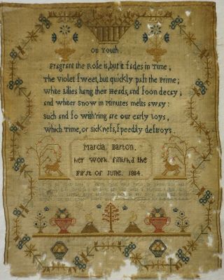 Early 19th Century Verse & Motif Sampler By Marcia Barton - June The 1st 1804