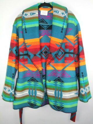 Vintage 80s Pendleton Country Wool Coat Shawl Sz Large Navajo Indian Print