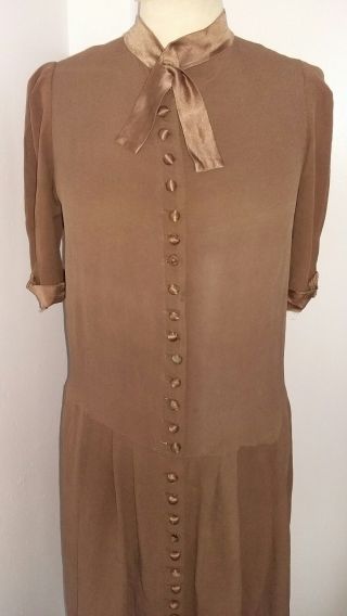 Vintage 1920s Art Deco Dropped Waist Brown Silk Dress Gatsby Size 12