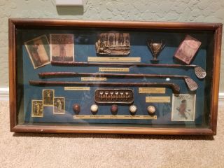 Vintage Golf History Shadow Box W/ Antique Clubs,  Tees,  Balls,  And Media 20.  5x11