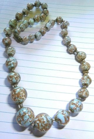 Vintage Murano Blue/ White/ Aventurine Glass Necklace With Brass Spacers Mf10