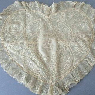 Vintage French Normandy Lace Pillow Cover Heart Shape 22 " Embroidered Flowers
