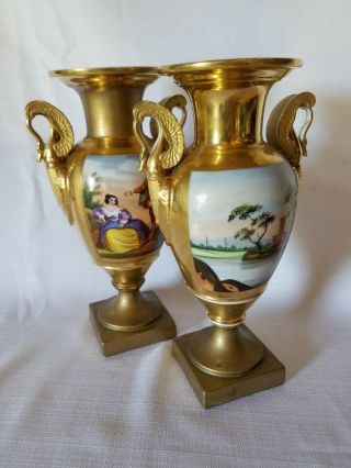 19th Century Porcelain French Old Paris Swan Handle Urns 11