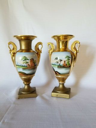 19th Century Porcelain French Old Paris Swan Handle Urns