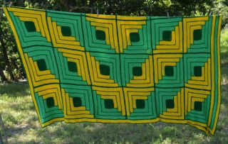 Vtg Handmade Crochet John Deere Greens & Yellow King Sized Afghan Bed Cover
