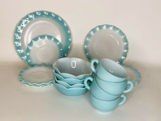Vtg Turquoise Hazel Atlas 17 Piece Set Crinoline Plates Ripple Bowls Tea Cups