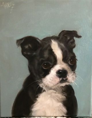 Barnes Oil Painting Vintage Antique Style Portrait Boston Terrier Puppy Dog Cute