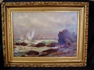 Antique Orig Oil Painting On Canvas Seascape Ocean Water Waves Deep Gold Frame