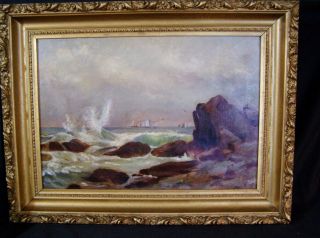 Antique ORIG OIL PAINTING on Canvas SEASCAPE Ocean Water Waves DEEP GOLD FRAME 2