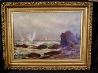 Antique ORIG OIL PAINTING on Canvas SEASCAPE Ocean Water Waves DEEP GOLD FRAME 3