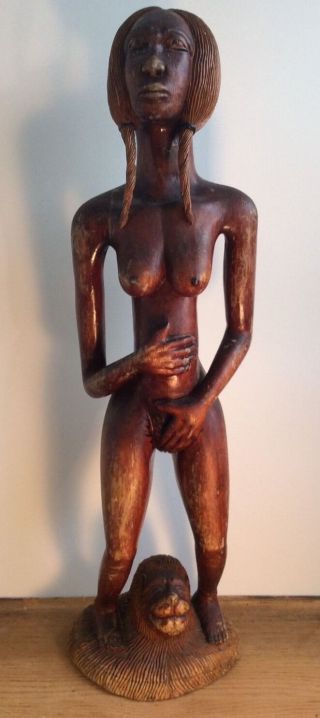 Antique Ca.  40s Vtg 34 " Nude Jamaican Woman Hand Carved Wood Fertility Statue