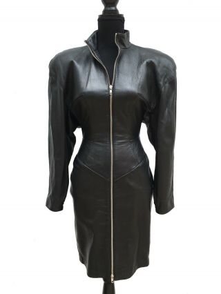Vintage 90s Michael Hoban Womens Black Leather Zip Up Bodycon Sexy Dress Small
