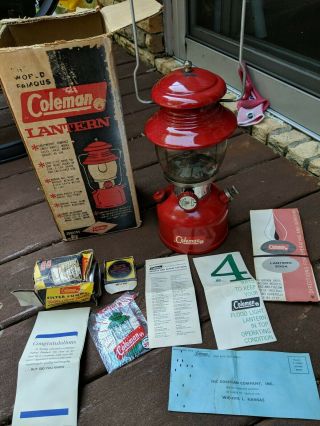 Vtg Red 1963 Coleman 200a195 Lantern - Paper - Funnel - Mantel - Box Marked Hamilton Afb
