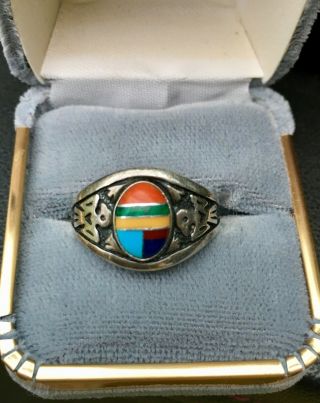 Vintage Zuni Native Americ Sterling Silver Multi - Turquoise Coral Lapis Bird Ring